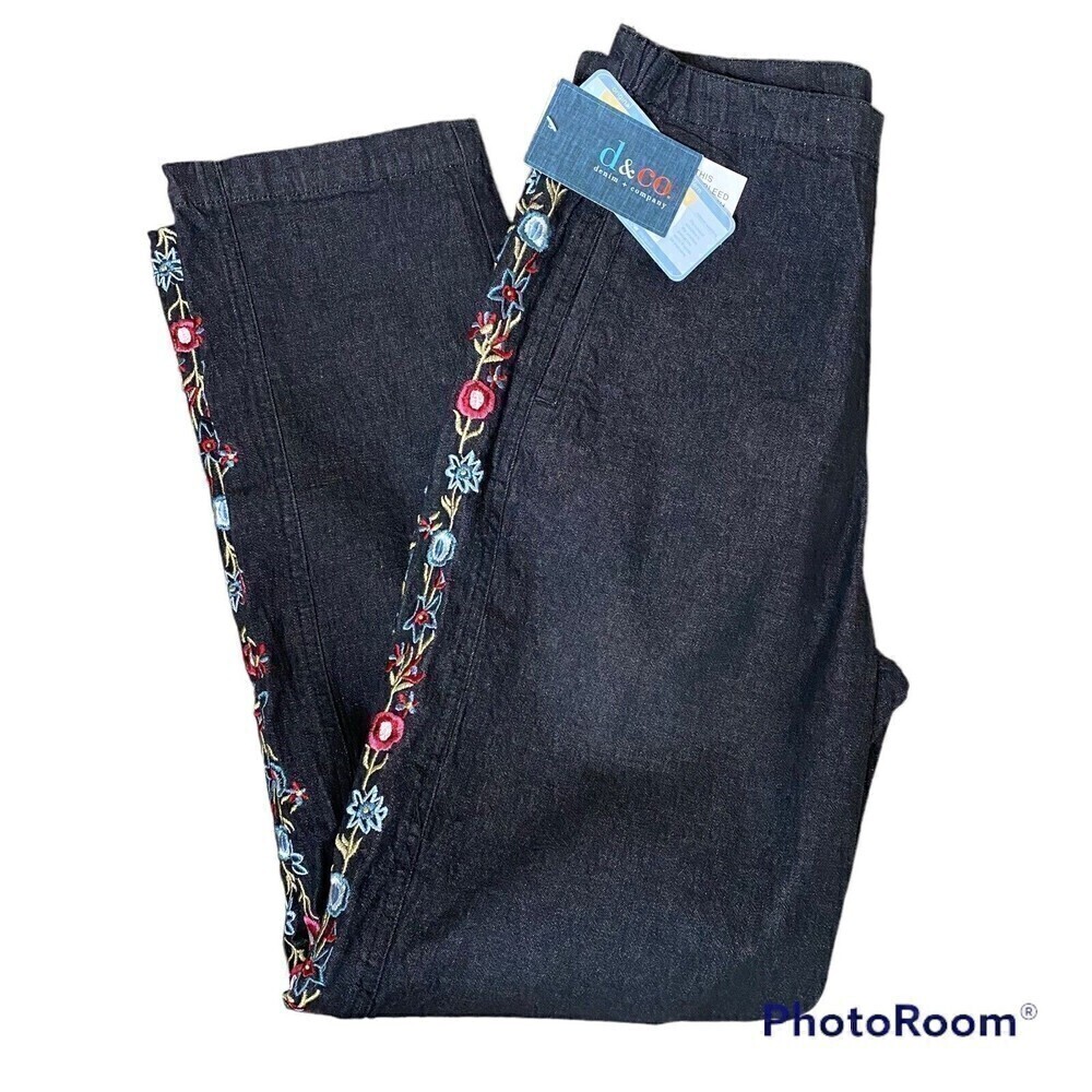 QVC Denim & Co Women's Jeans M High Waist Black Denim Floral Embroidery 30X30